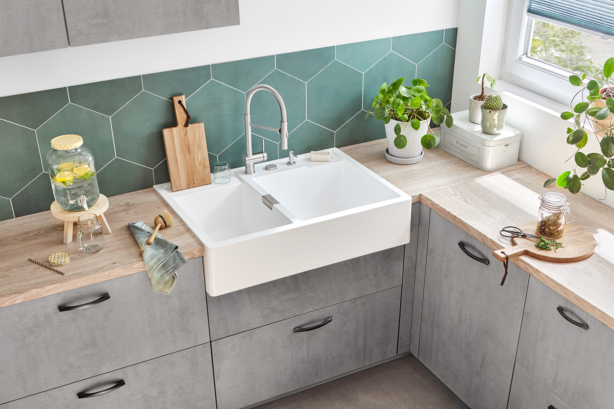 weißer Spülstein mit 2 Becken von Schock Cristadur Green Line recycelte Keramik 