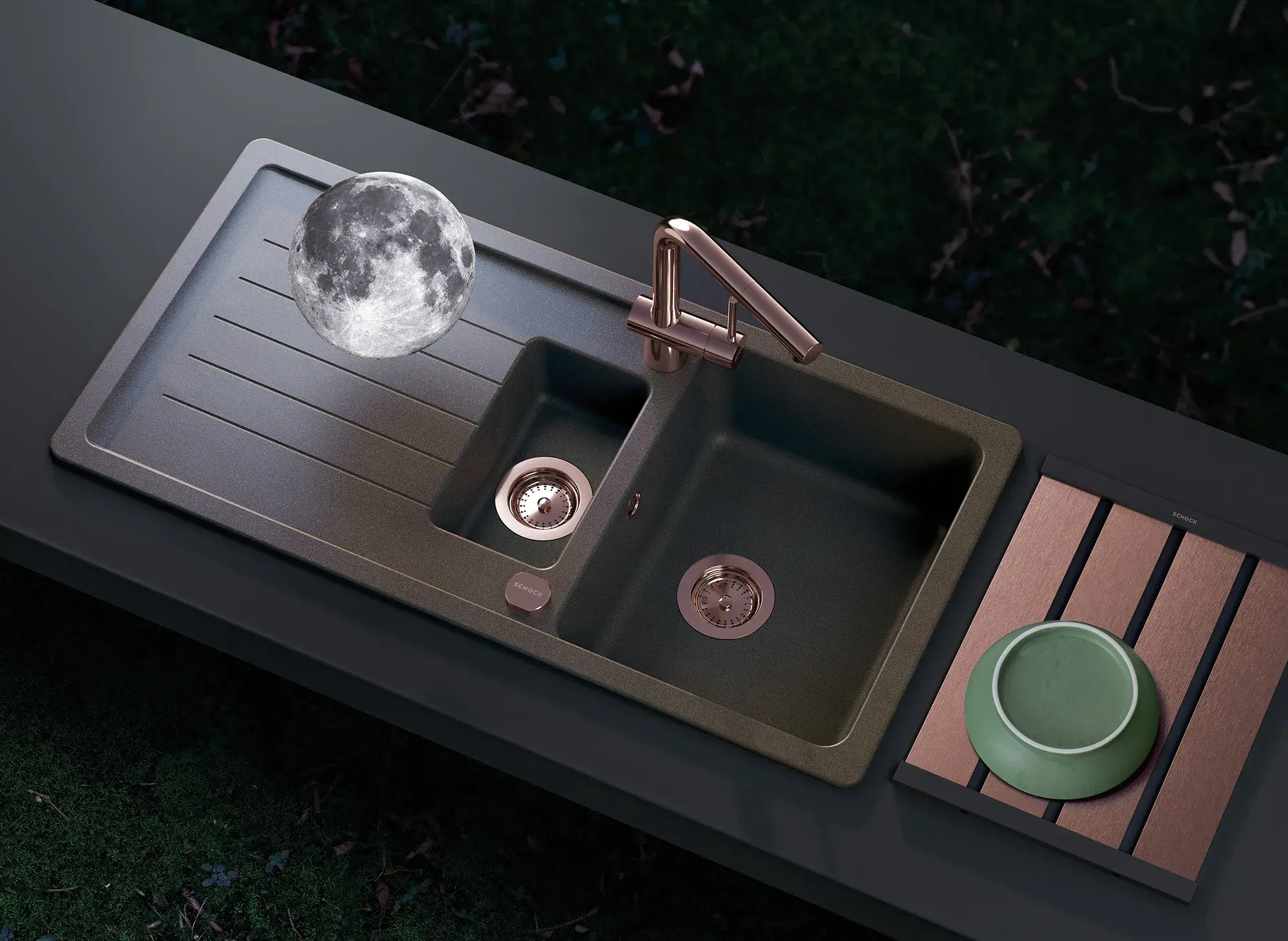 Schock Spüle rostbraun kleines Zusatzbecken im Abtropfbereich kupferne Armatur simuliert schwebende Weltkugel über Abtropffläche